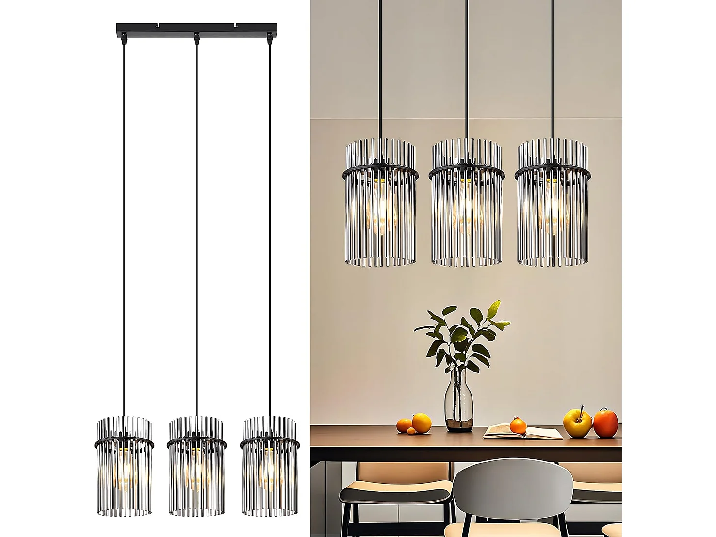 Nettlife Suspension Noire Vintage, Lampe à 3 Lumières en Verre, Douille E27, Ø 16 cm, pour Table à Manger, Salon (sans ampoules).