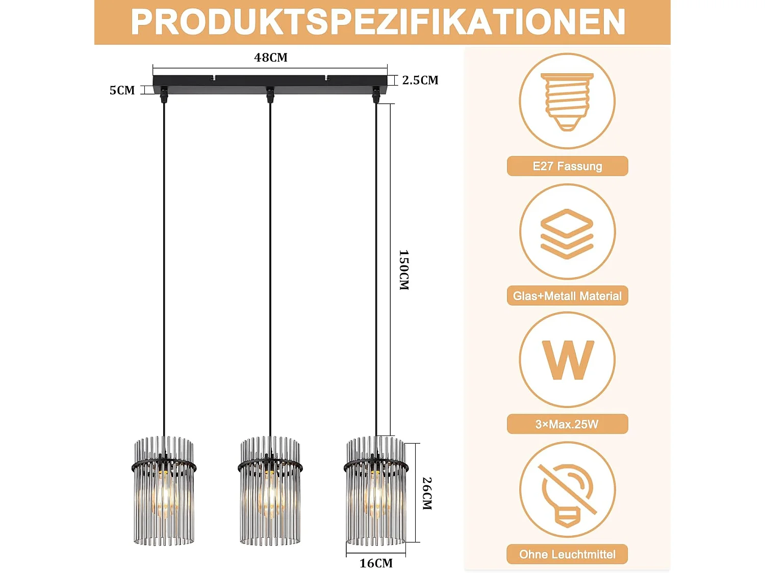 Nettlife Suspension Noire Vintage, Lampe à 3 Lumières en Verre, Douille E27, Ø 16 cm, pour Table à Manger, Salon (sans ampoules).
