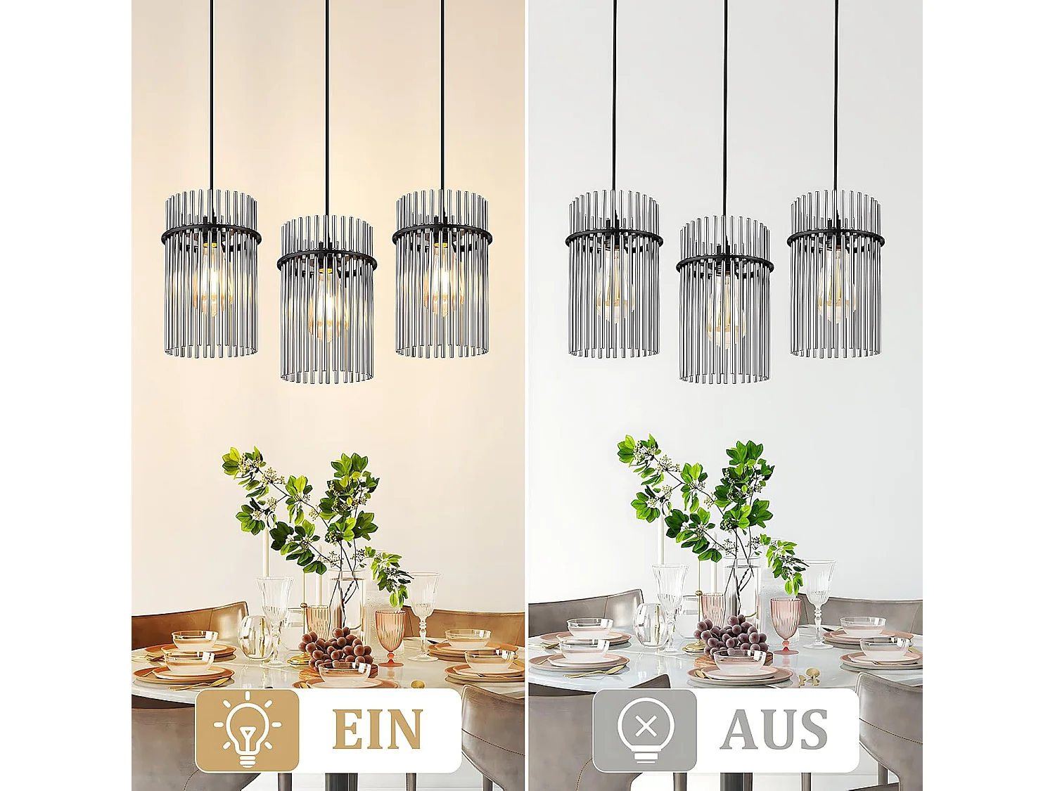 Nettlife Suspension Noire Vintage, Lampe à 3 Lumières en Verre, Douille E27, Ø 16 cm, pour Table à Manger, Salon (sans ampoules).