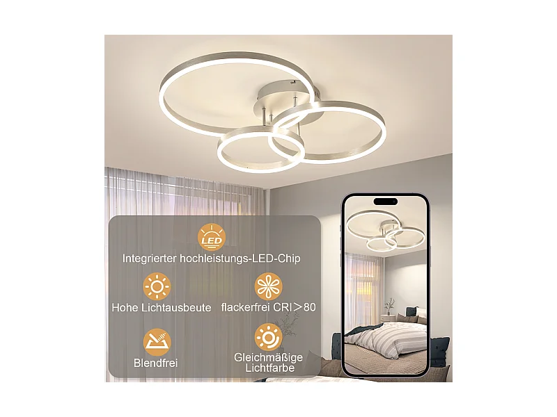 Plafonnier LED NETTLIFE pour salon, lampe de salon à intensité variable, 82 cm, design moderne, doré, 74 W, lampe de chambre avec télécommande