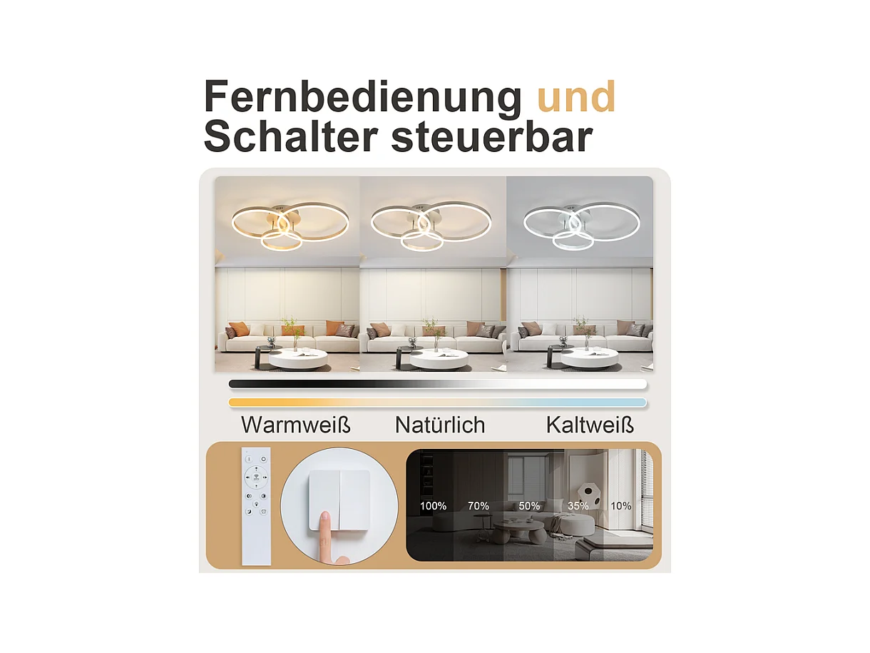 Plafonnier LED NETTLIFE pour salon, lampe de salon à intensité variable, 82 cm, design moderne, doré, 74 W, lampe de chambre avec télécommande
