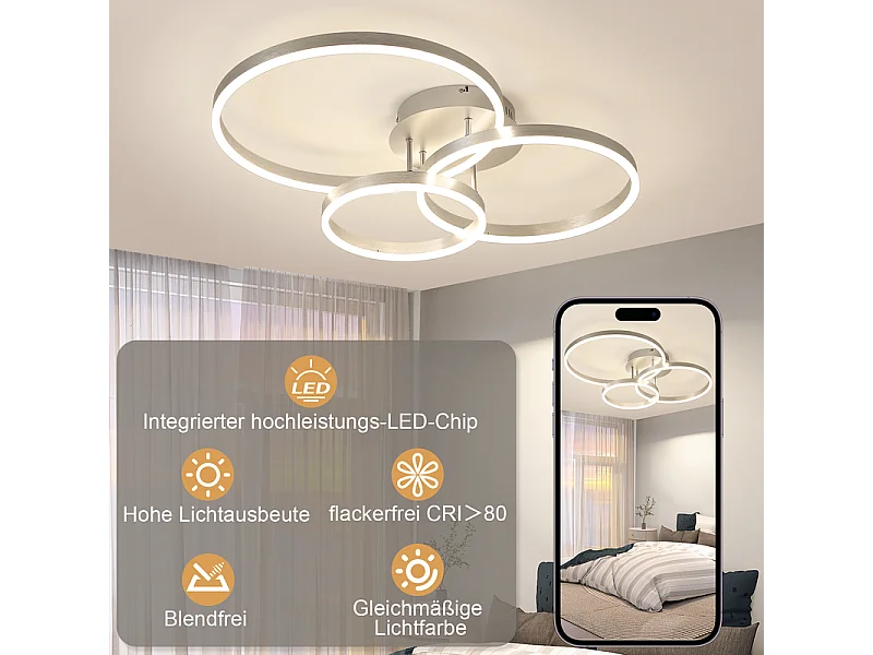 NETTLIFE Lampa sufitowa LED do salonu, ściemnialna, 82 cm, nowoczesny design, kolor złoty, 74 W, lampa do sypialni z pilotem