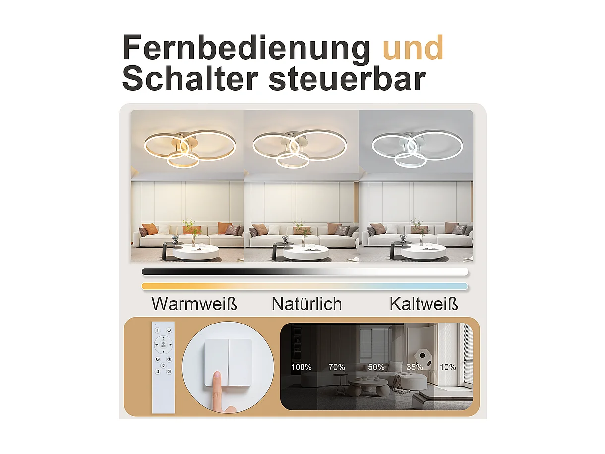 Lámpara de techo LED NETTLIFE para salón, regulable, 82 cm, diseño moderno, dorada, 74 W, para dormitorio con mando a distancia.