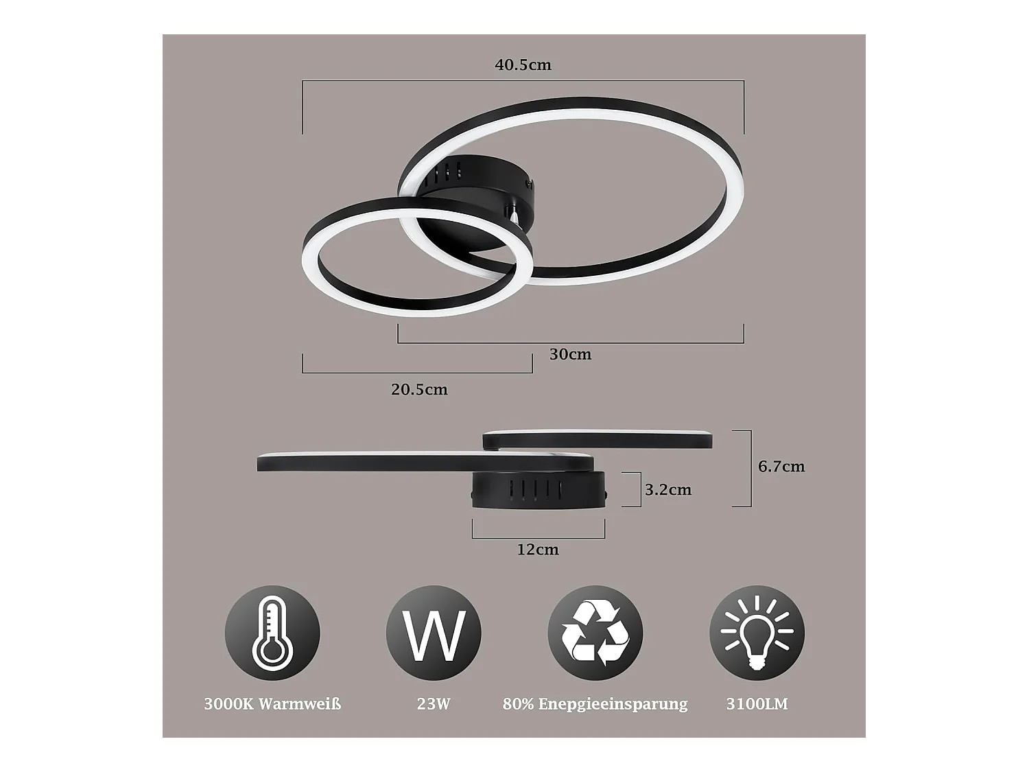 Plafonnier LED Nettlife 40 cm - 23 W - Lampe de cuisine 3 000 K - Blanc chaud - Lampe de salon moderne - Lampe de chambre à coucher - 2 anneaux