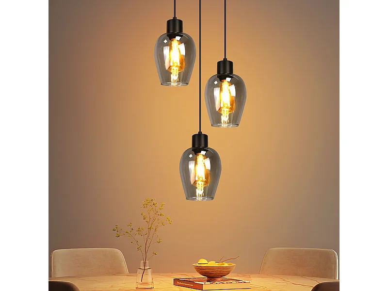 Suspension Nettlife noire pour table à manger - Lampe suspendue E27 à flamme unique en verre fumé vintage sans source lumineuse