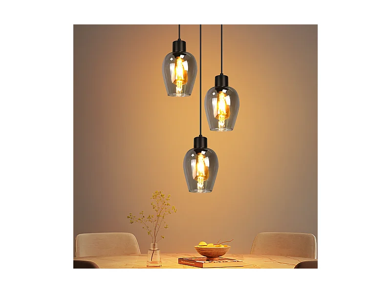 Suspension Nettlife noire pour table à manger - Lampe suspendue E27 à flamme unique en verre fumé vintage sans source lumineuse