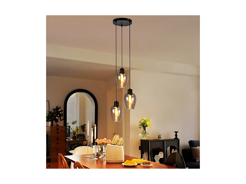 Suspension Nettlife noire pour table à manger - Lampe suspendue E27 à flamme unique en verre fumé vintage sans source lumineuse