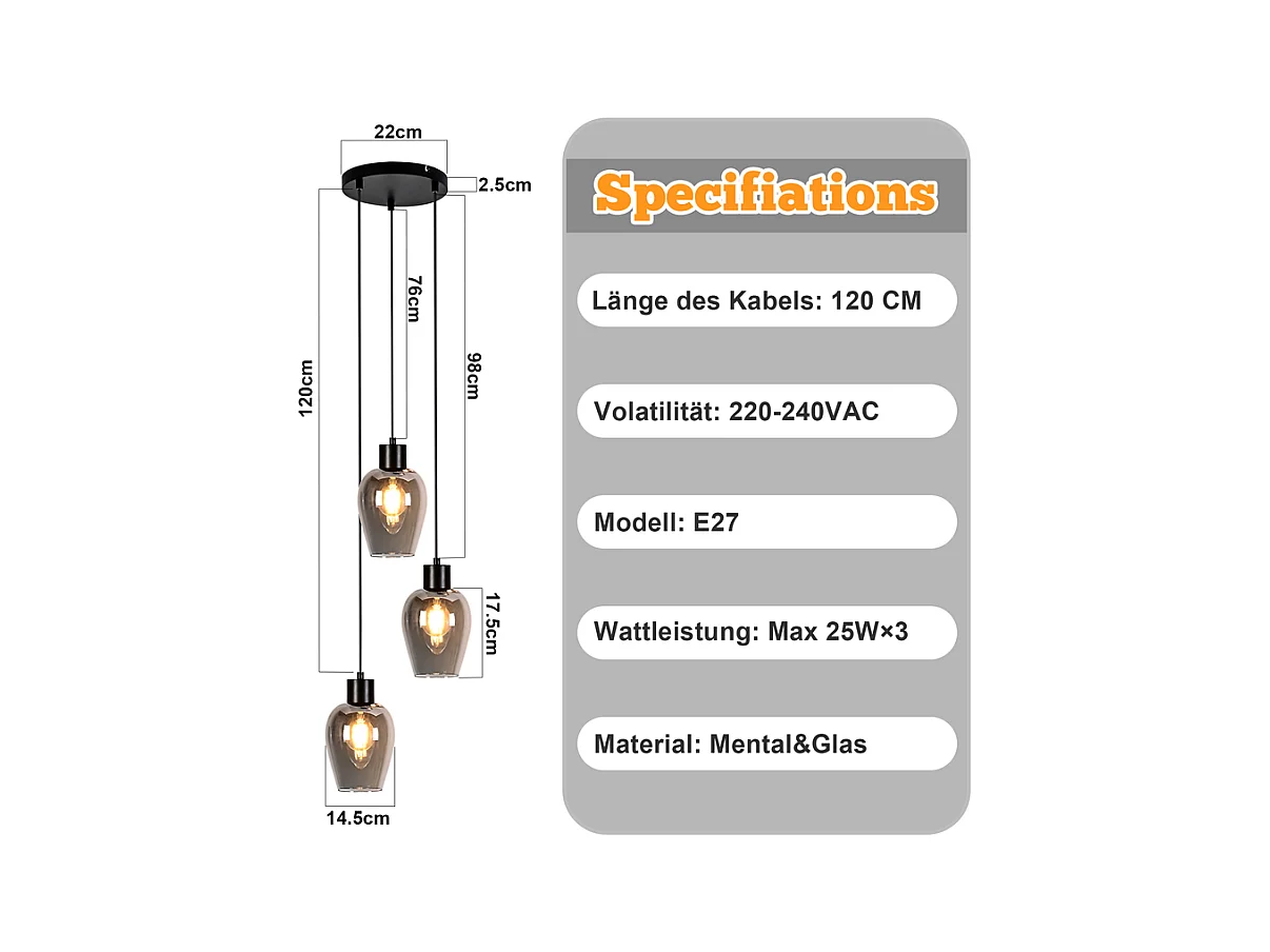 Suspension Nettlife noire pour table à manger - Lampe suspendue E27 à flamme unique en verre fumé vintage sans source lumineuse