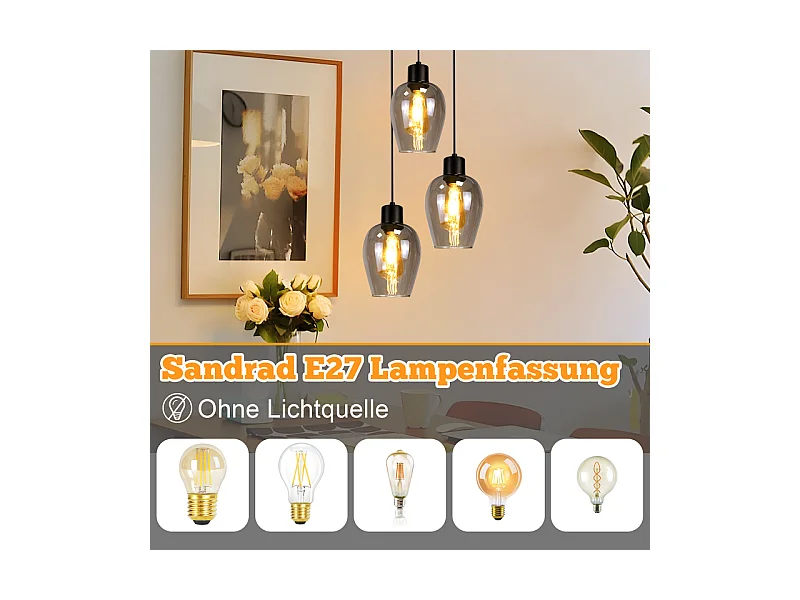 Suspension Nettlife noire pour table à manger - Lampe suspendue E27 à flamme unique en verre fumé vintage sans source lumineuse