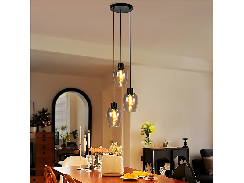 Suspension Nettlife noire pour table à manger - Lampe suspendue E27 à flamme unique en verre fumé vintage sans source lumineuse