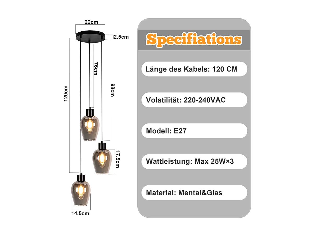 Suspension Nettlife noire pour table à manger - Lampe suspendue E27 à flamme unique en verre fumé vintage sans source lumineuse
