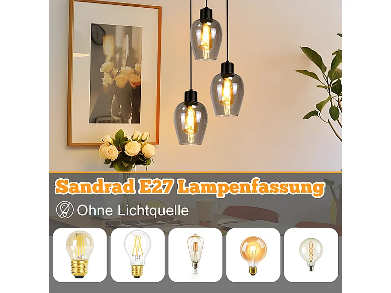 Suspension Nettlife noire pour table à manger - Lampe suspendue E27 à flamme unique en verre fumé vintage sans source lumineuse