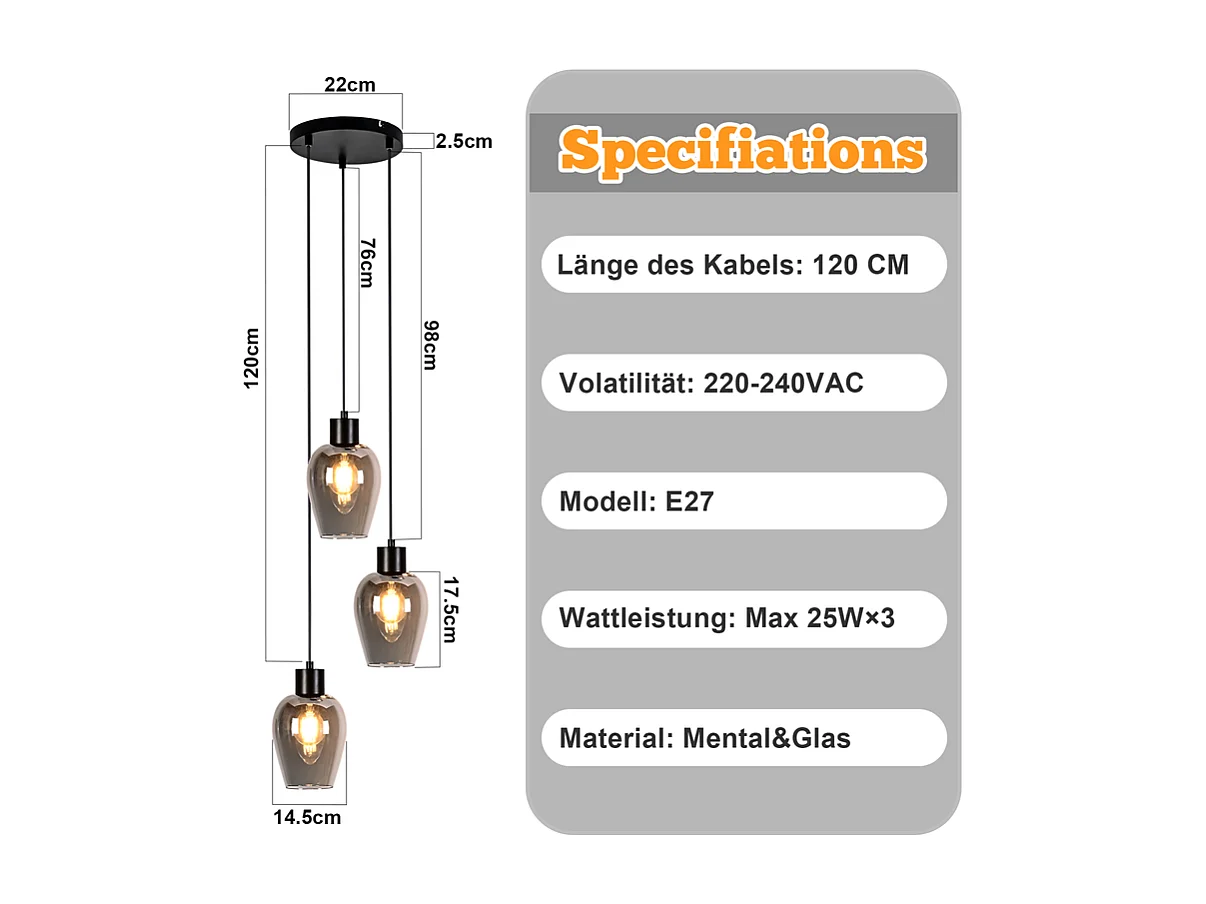 Suspension Nettlife noire pour table à manger - Lampe suspendue E27 à flamme unique en verre fumé vintage sans source lumineuse