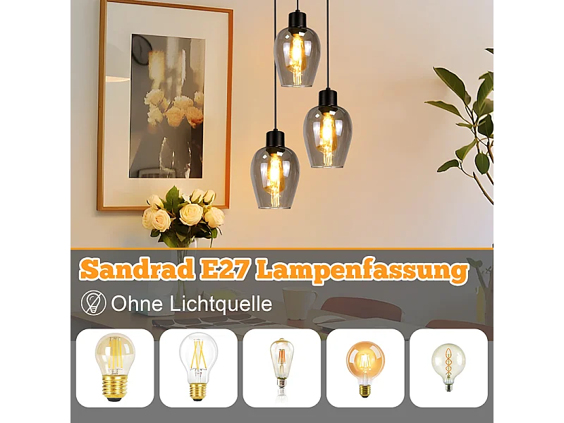 Suspension Nettlife noire pour table à manger - Lampe suspendue E27 à flamme unique en verre fumé vintage sans source lumineuse