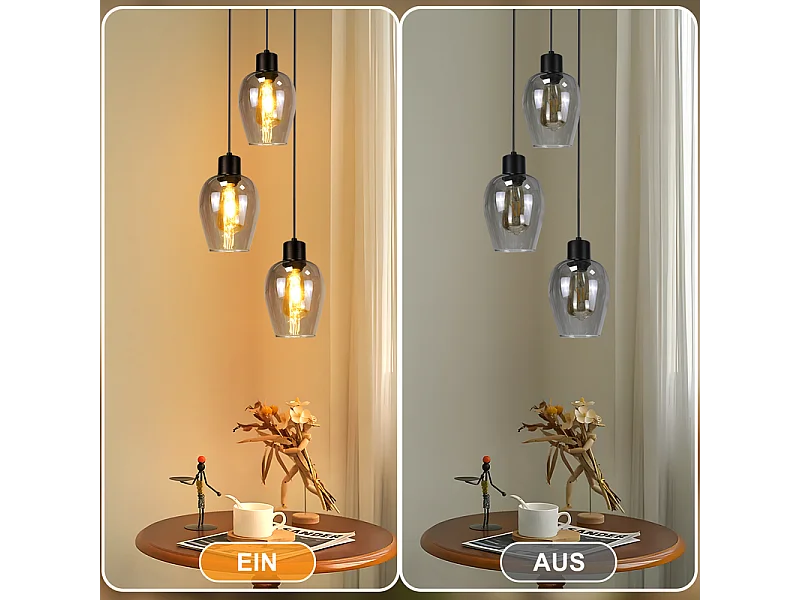 Suspension Nettlife noire pour table à manger - Lampe suspendue E27 à flamme unique en verre fumé vintage sans source lumineuse