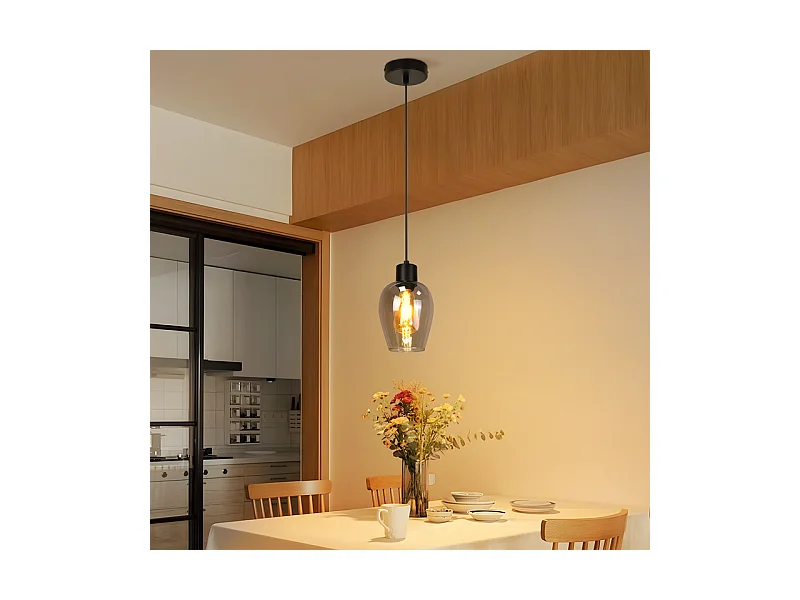 Suspension Nettlife noire pour table à manger - Lampe suspendue E27 à flamme unique en verre fumé vintage