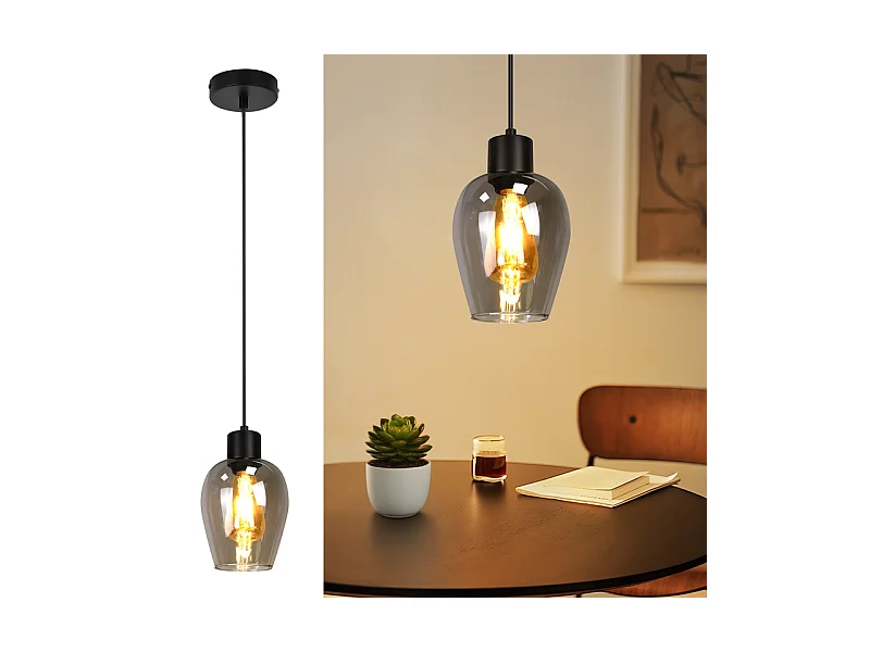 Suspension Nettlife noire pour table à manger - Lampe suspendue E27 à flamme unique en verre fumé vintage