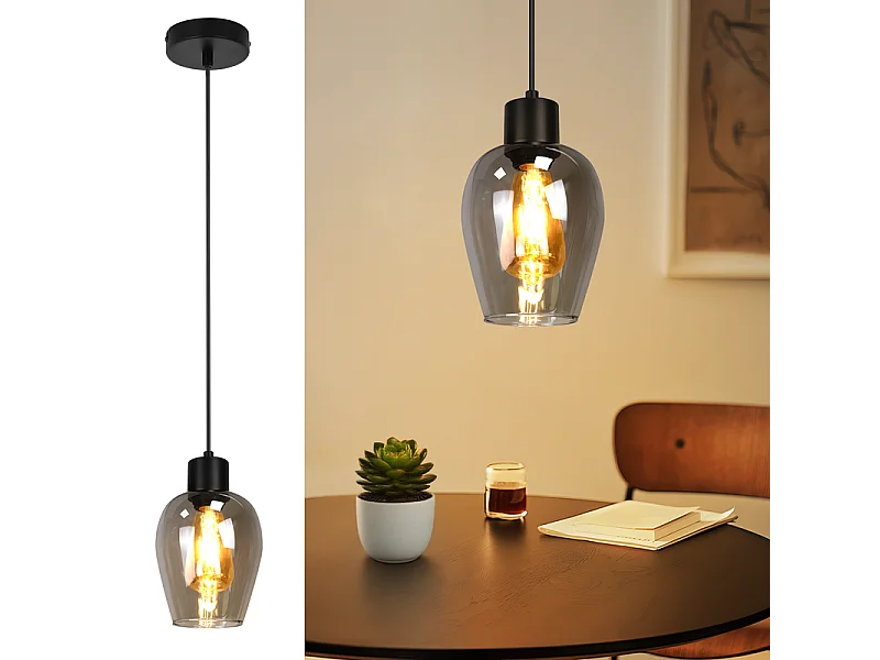 Suspension Nettlife noire pour table à manger - Lampe suspendue E27 à flamme unique en verre fumé vintage