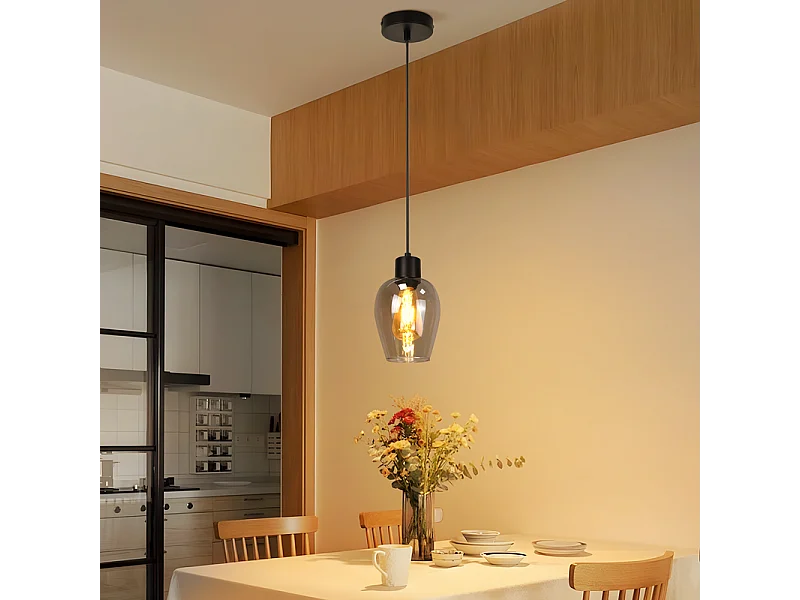 Suspension Nettlife noire pour table à manger - Lampe suspendue E27 à flamme unique en verre fumé vintage