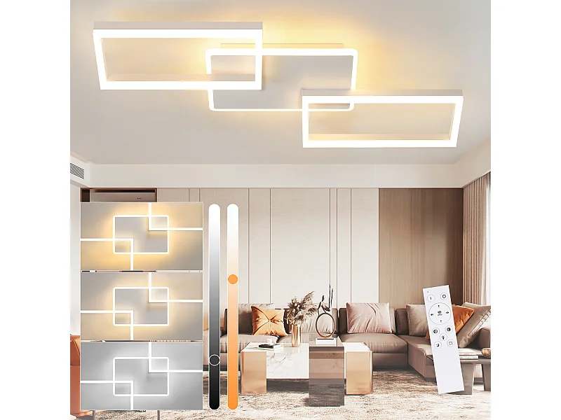 Plafonnier LED NETTLIFE pour salon - Plafonnier à intensité variable avec télécommande 63 W - Grand format - Blanc moderne