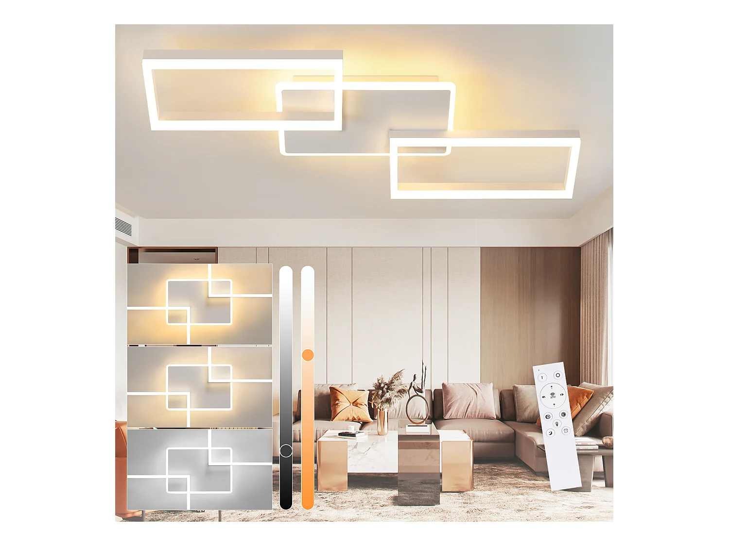 Plafonnier LED NETTLIFE pour salon - Plafonnier à intensité variable avec télécommande 63 W - Grand format - Blanc moderne