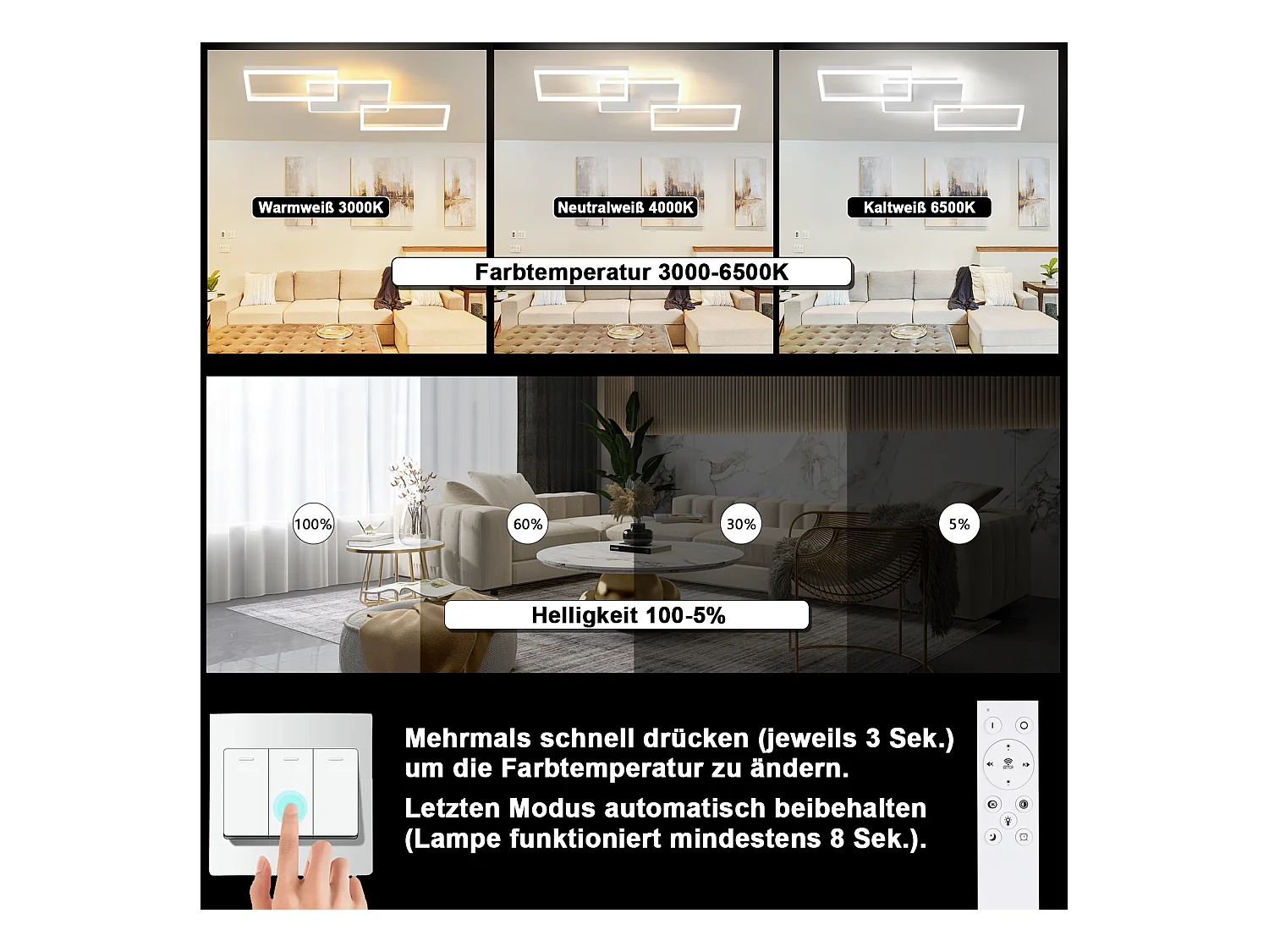 Plafonnier LED NETTLIFE pour salon - Plafonnier à intensité variable avec télécommande 63 W - Grand format - Blanc moderne