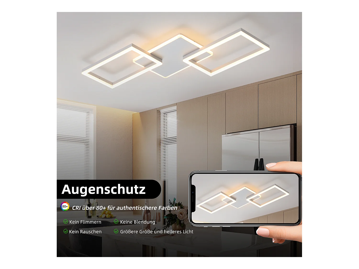 Plafonnier LED NETTLIFE pour salon - Plafonnier à intensité variable avec télécommande 63 W - Grand format - Blanc moderne