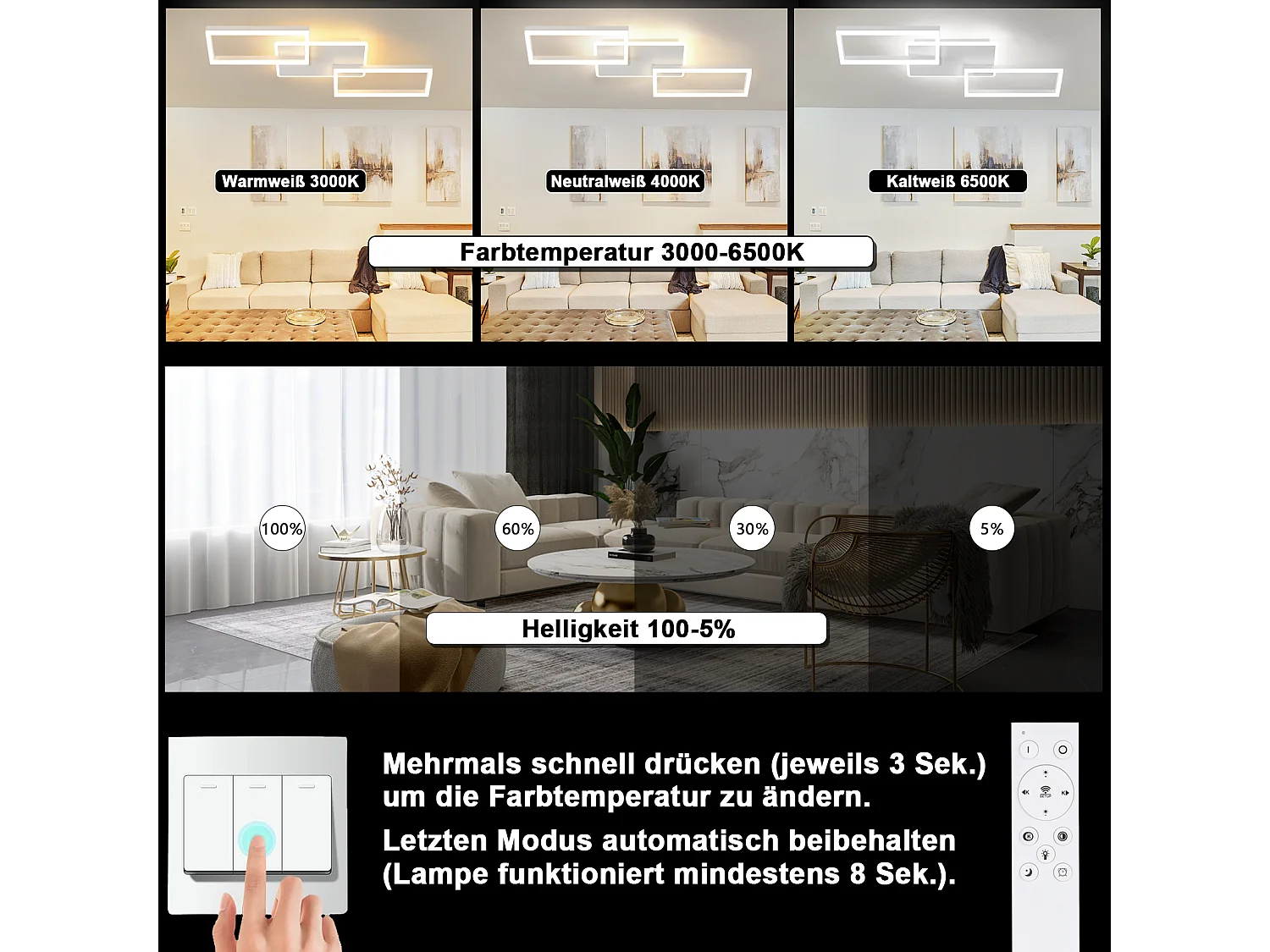 Plafonnier LED NETTLIFE pour salon - Plafonnier à intensité variable avec télécommande 63 W - Grand format - Blanc moderne