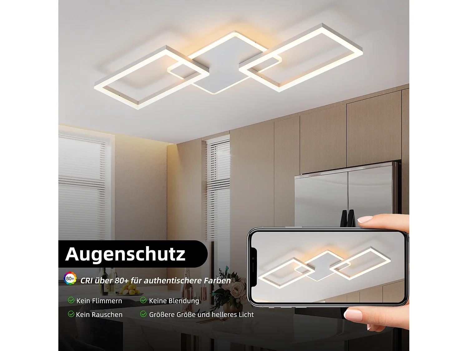 Plafonnier LED NETTLIFE pour salon - Plafonnier à intensité variable avec télécommande 63 W - Grand format - Blanc moderne