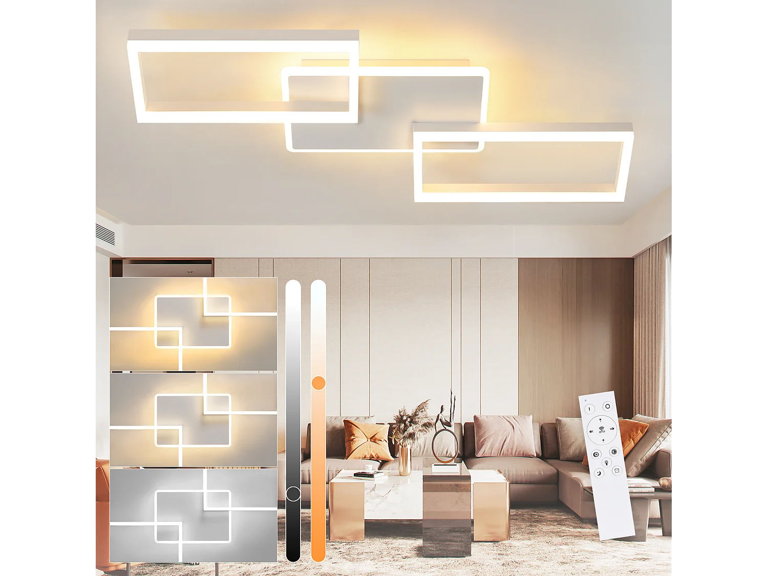 Plafonnier LED NETTLIFE pour salon - Plafonnier à intensité variable avec télécommande 63 W - Grand format - Blanc moderne