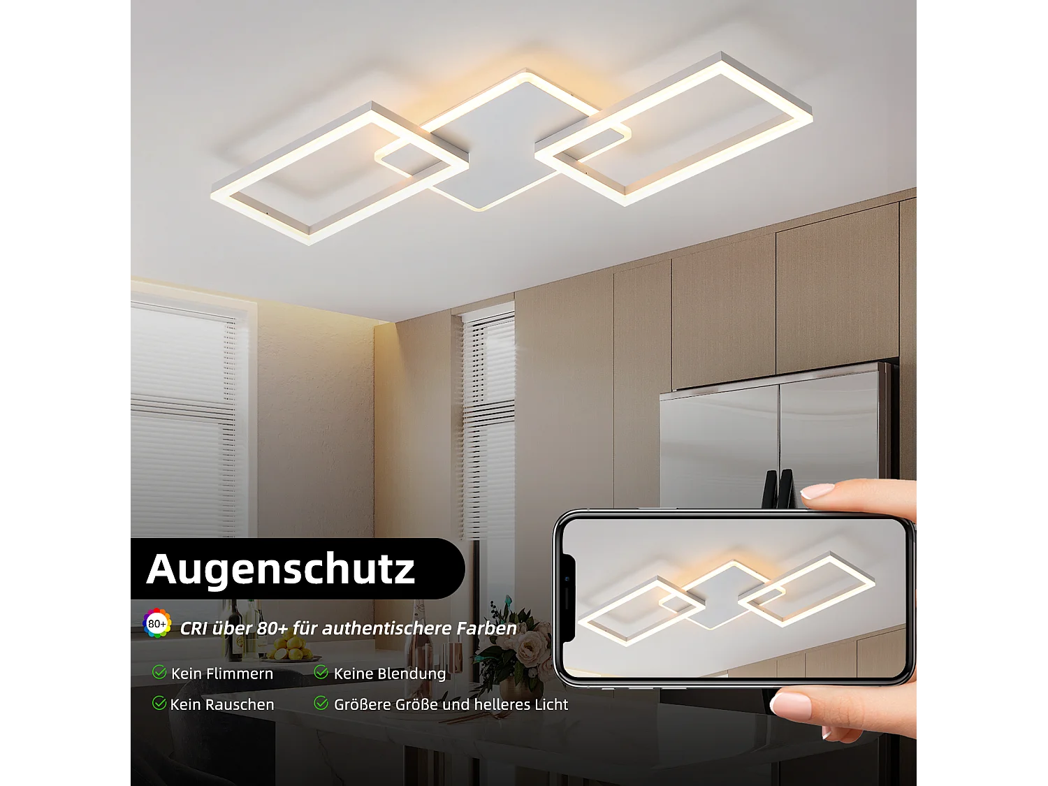 Plafonnier LED NETTLIFE pour salon - Plafonnier à intensité variable avec télécommande 63 W - Grand format - Blanc moderne