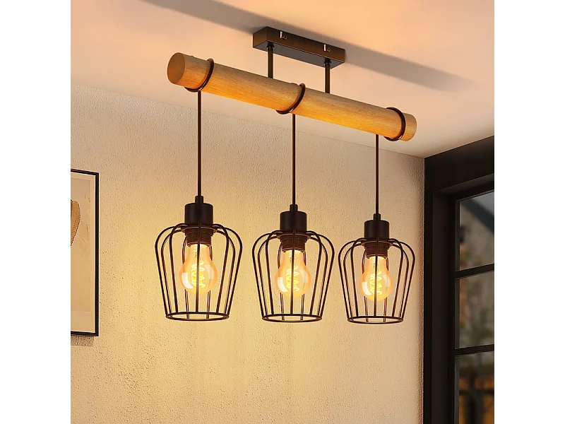 NETTLIFE Lampa sufitowa do salonu w stylu vintage, drewniana, czarna, metalowa, industrialna, do salonu. Żarówka E27 nie jest dołączona.