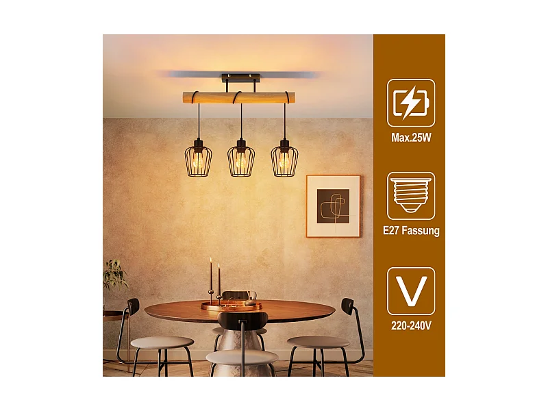 NETTLIFE Lampa sufitowa do salonu w stylu vintage, drewniana, czarna, metalowa, industrialna, do salonu. Żarówka E27 nie jest dołączona.