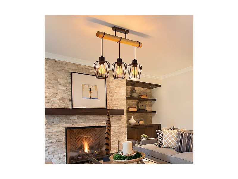 NETTLIFE Lampa sufitowa do salonu w stylu vintage, drewniana, czarna, metalowa, industrialna, do salonu. Żarówka E27 nie jest dołączona.