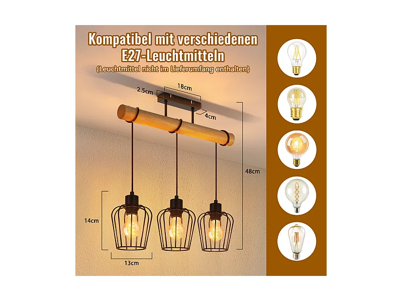 NETTLIFE Lampa sufitowa do salonu w stylu vintage, drewniana, czarna, metalowa, industrialna, do salonu. Żarówka E27 nie jest dołączona.