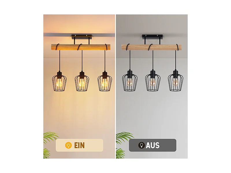 NETTLIFE Lampa sufitowa do salonu w stylu vintage, drewniana, czarna, metalowa, industrialna, do salonu. Żarówka E27 nie jest dołączona.