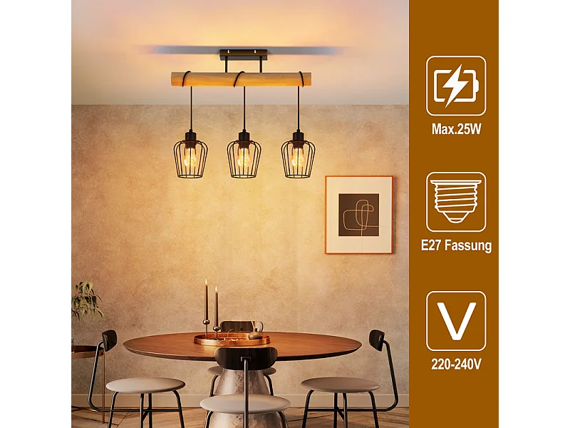 NETTLIFE Lampa sufitowa do salonu w stylu vintage, drewniana, czarna, metalowa, industrialna, do salonu. Żarówka E27 nie jest dołączona.