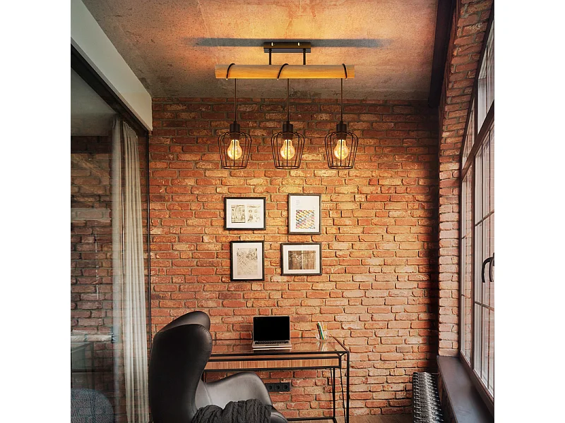 NETTLIFE Lampa sufitowa do salonu w stylu vintage, drewniana, czarna, metalowa, industrialna, do salonu. Żarówka E27 nie jest dołączona.