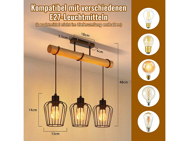NETTLIFE Lampa sufitowa do salonu w stylu vintage, drewniana, czarna, metalowa, industrialna, do salonu. Żarówka E27 nie jest dołączona.
