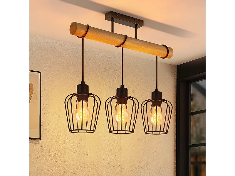 NETTLIFE Lampa sufitowa do salonu w stylu vintage, drewniana, czarna, metalowa, industrialna, do salonu. Żarówka E27 nie jest dołączona.