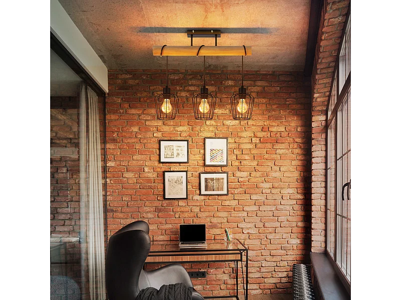 NETTLIFE Lampa sufitowa do salonu w stylu vintage, drewniana, czarna, metalowa, industrialna, do salonu. Żarówka E27 nie jest dołączona.