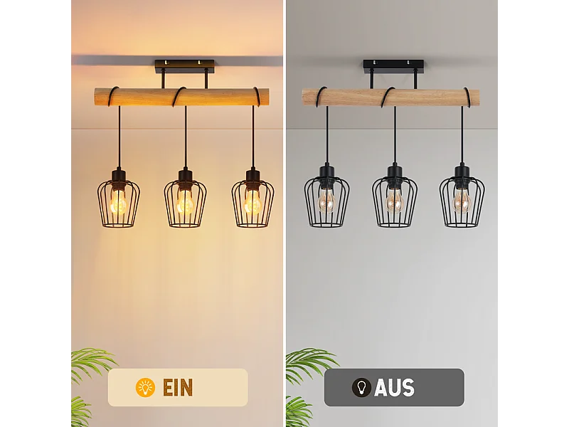 NETTLIFE Lampa sufitowa do salonu w stylu vintage, drewniana, czarna, metalowa, industrialna, do salonu. Żarówka E27 nie jest dołączona.