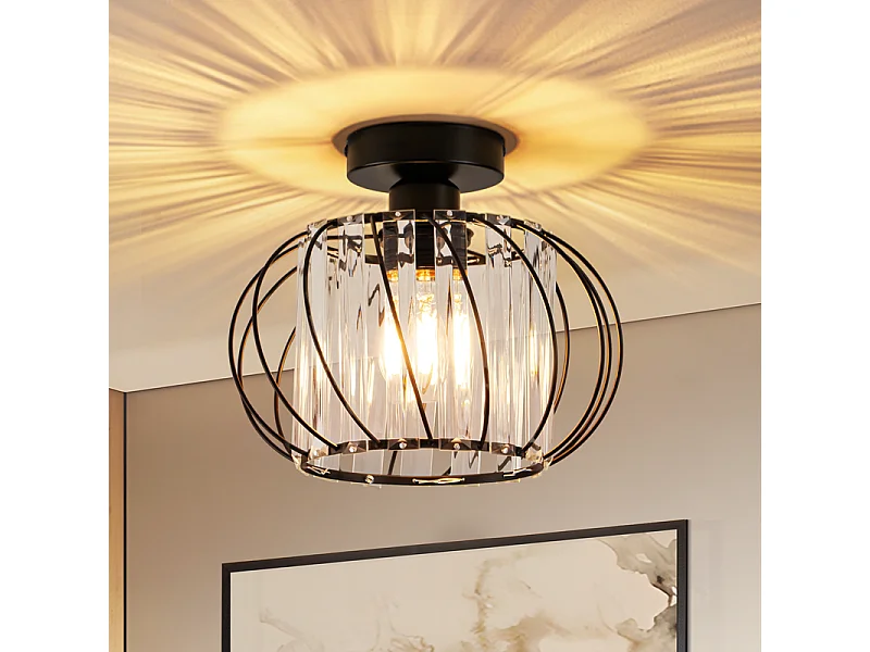 NETTLIFE Plafonnier Plafonnier moderne en cristal : Lampe de couloir noire E27 Lampe de cuisine vintage avec cadre en métal à l'intérieur