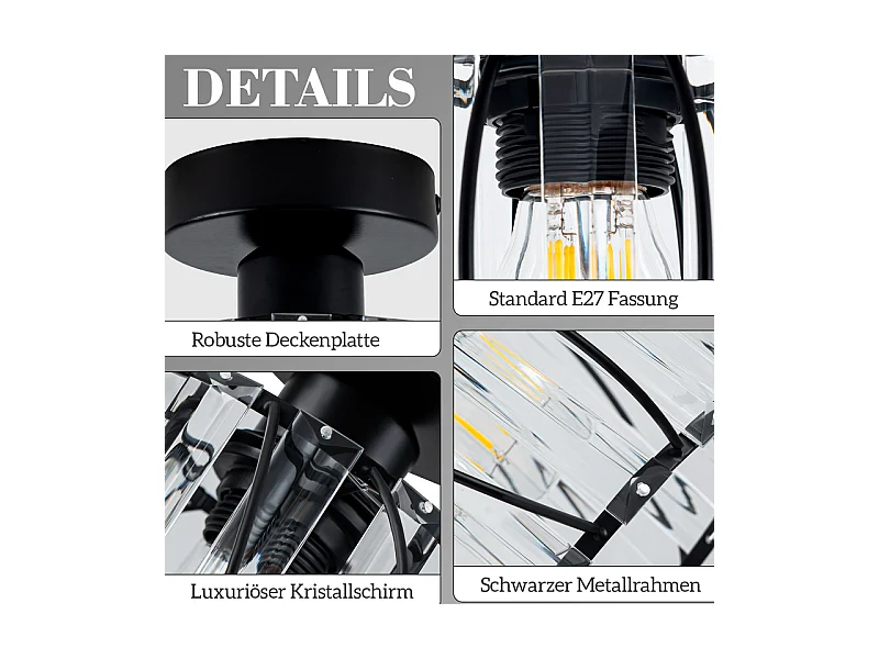 NETTLIFE Plafonnier Plafonnier moderne en cristal : Lampe de couloir noire E27 Lampe de cuisine vintage avec cadre en métal à l'intérieur