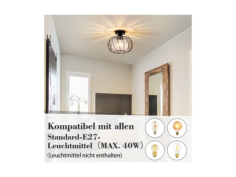NETTLIFE Plafonnier Plafonnier moderne en cristal : Lampe de couloir noire E27 Lampe de cuisine vintage avec cadre en métal à l'intérieur