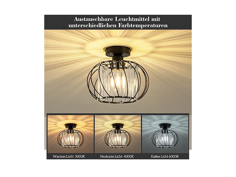 NETTLIFE Plafonnier Plafonnier moderne en cristal : Lampe de couloir noire E27 Lampe de cuisine vintage avec cadre en métal à l'intérieur