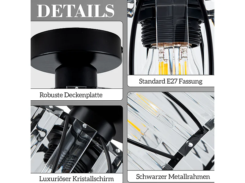 NETTLIFE Plafonnier Plafonnier moderne en cristal : Lampe de couloir noire E27 Lampe de cuisine vintage avec cadre en métal à l'intérieur