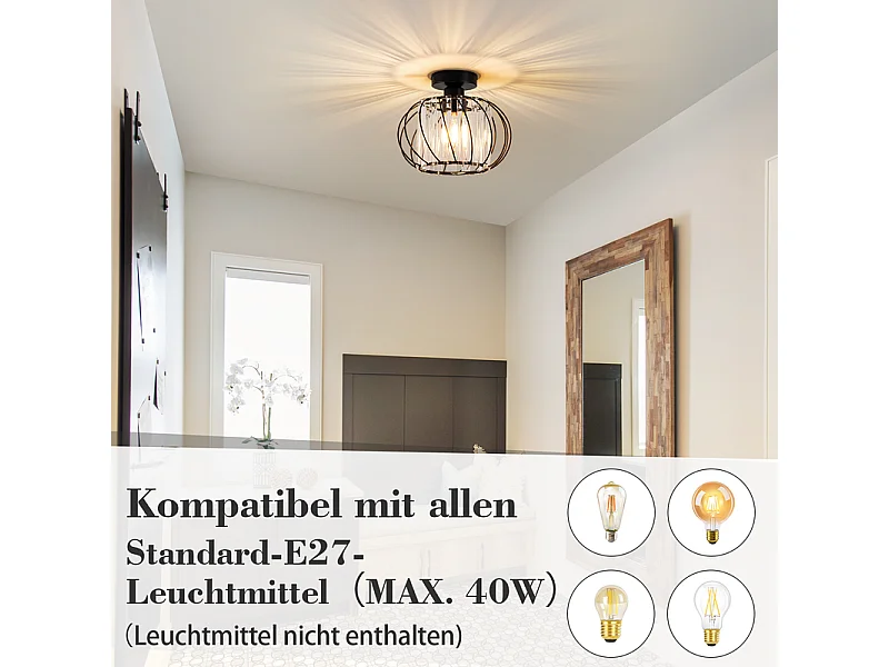 NETTLIFE Plafonnier Plafonnier moderne en cristal : Lampe de couloir noire E27 Lampe de cuisine vintage avec cadre en métal à l'intérieur