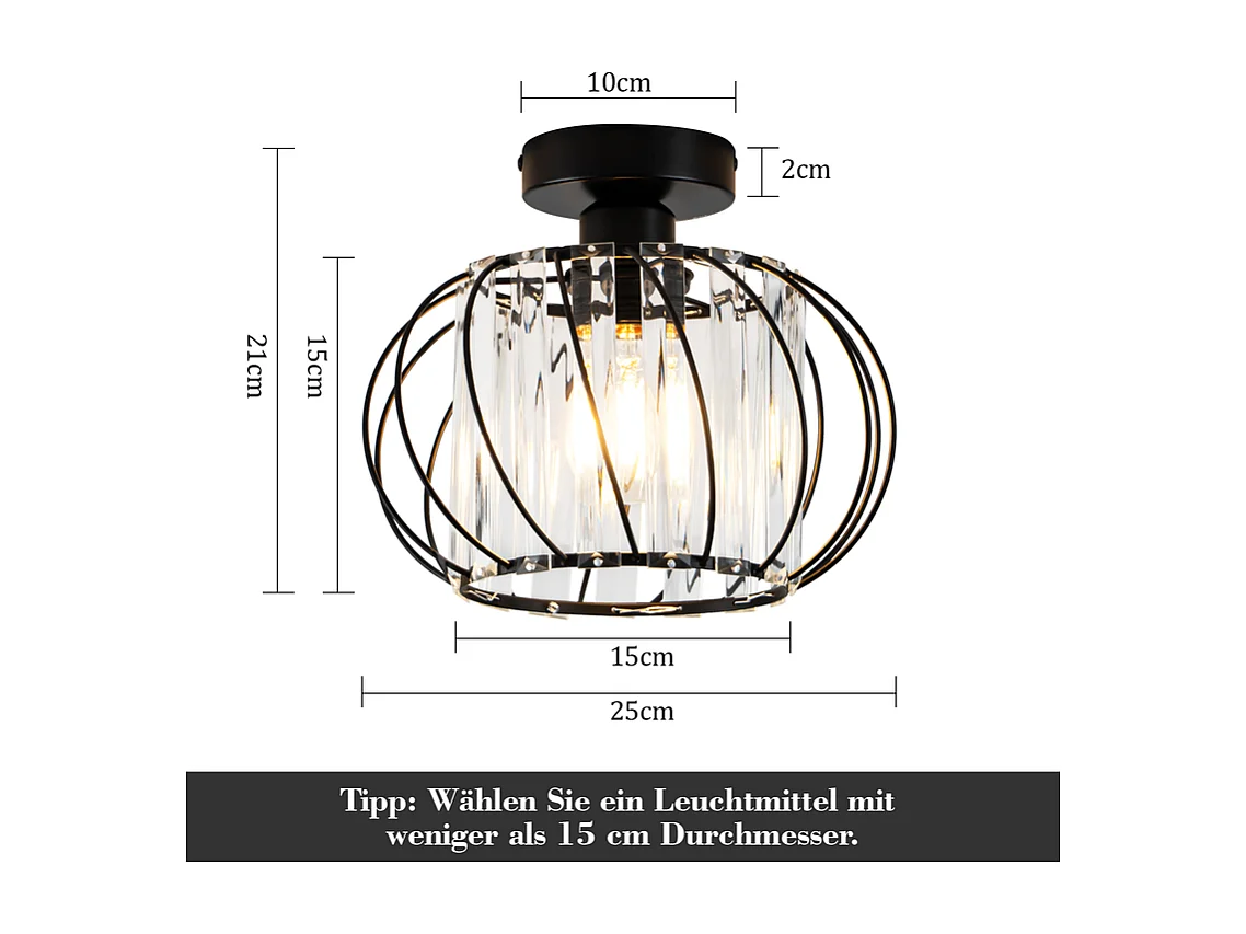 NETTLIFE Plafonnier Plafonnier moderne en cristal : Lampe de couloir noire E27 Lampe de cuisine vintage avec cadre en métal à l'intérieur