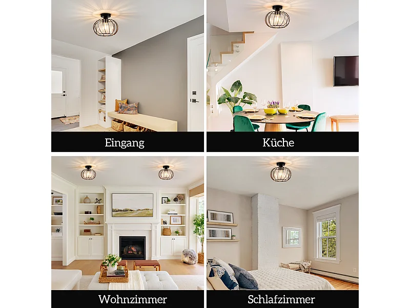 NETTLIFE Plafonnier Plafonnier moderne en cristal : Lampe de couloir noire E27 Lampe de cuisine vintage avec cadre en métal à l'intérieur